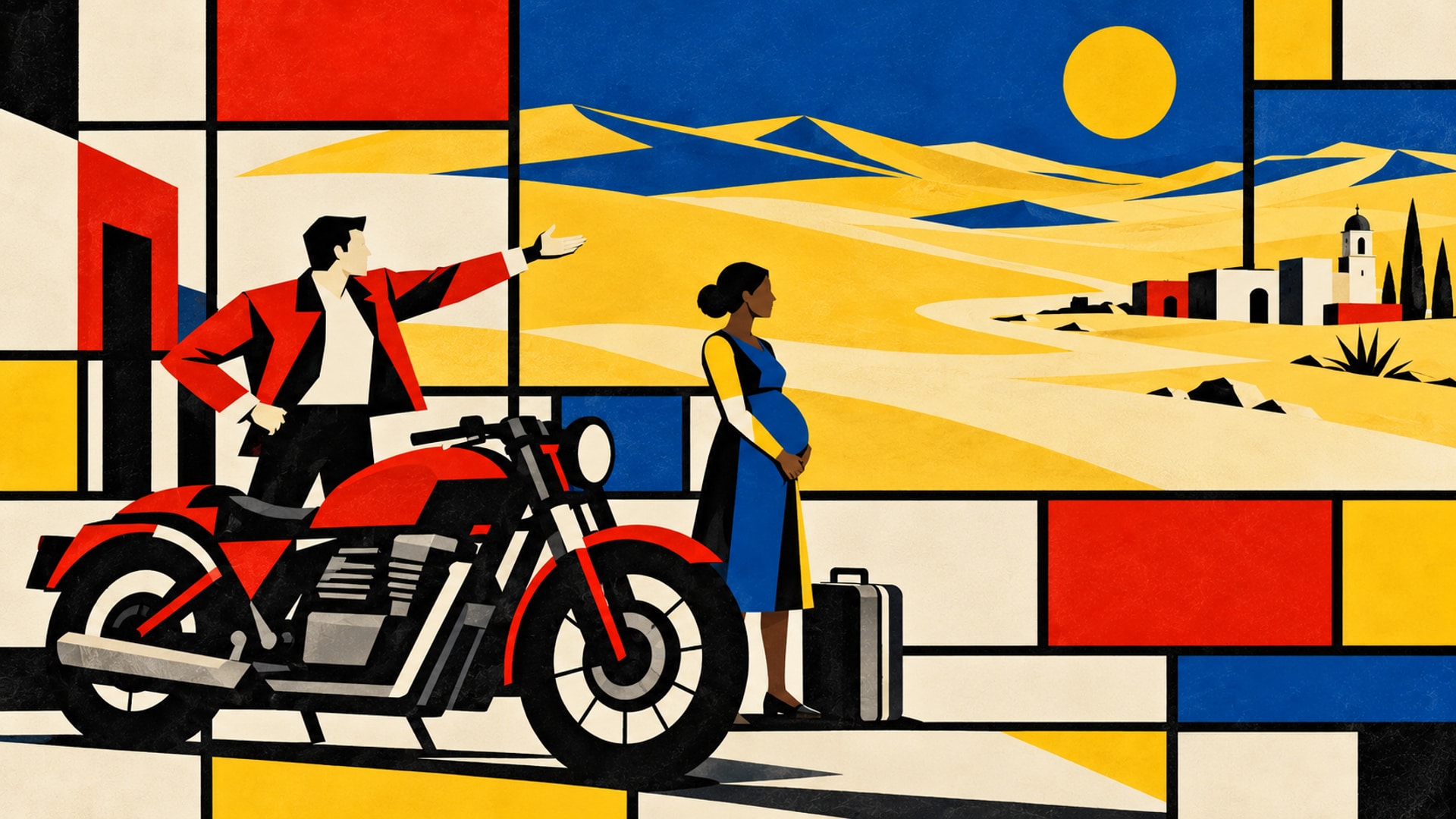 Illustrazione geometrica nei colori primari: Cent indica le dune del Perù accanto a una moto rossa e nera; Martina, incinta e vestita di blu, gli sta vicino con una valigia