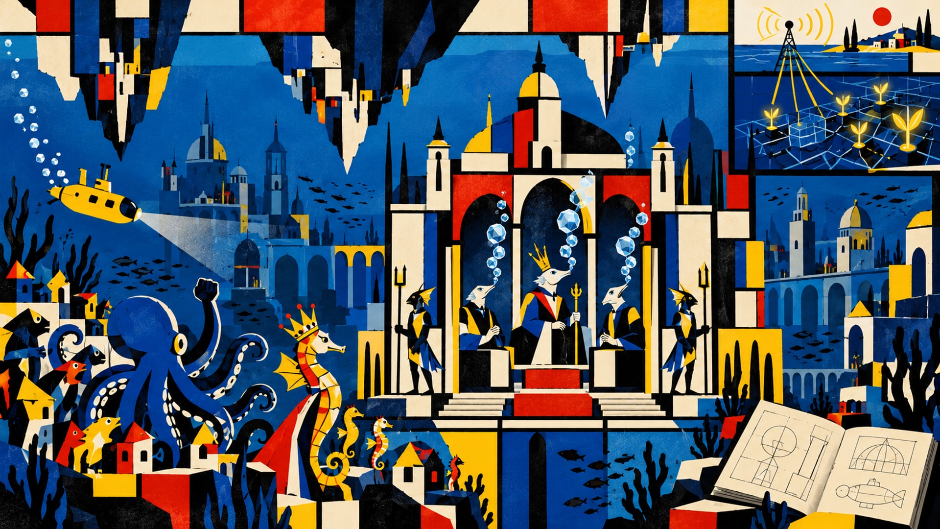 Illustrazione geometrica di una città sommersa sotto montagne capovolte: un sottomarino giallo, un polpo e cavallucci marini incoronati davanti a un palazzo con ministri che emettono bolle dal naso; in basso un manuale aperto