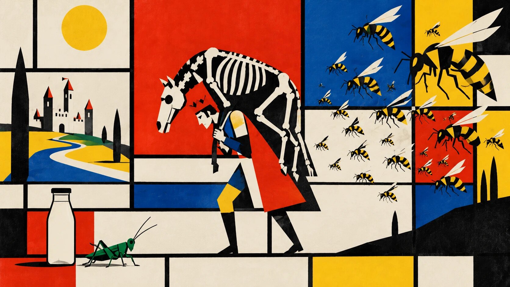Illustrazione in stile Mondrian: un principe con la corona porta sulle spalle lo scheletro di un cavallo, inseguito da uno sciame di vespe; a sinistra un castello su una collina con un fiume, una bottiglia di latte e un grillo verde