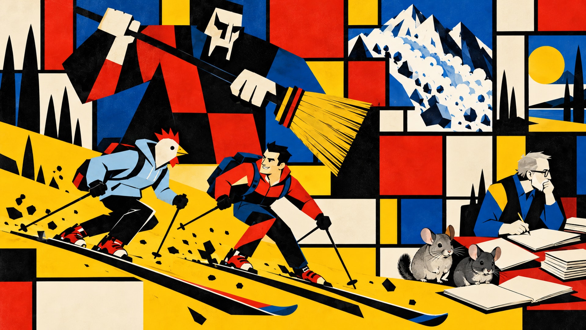 Illustrazione geometrica di due amici che sciano su un terreno senza neve, uno con la testa da pollo e la felpa azzurra; alle loro spalle un gigante impugna una scopa, mentre a destra un uomo anziano scrive accanto a due cincillà