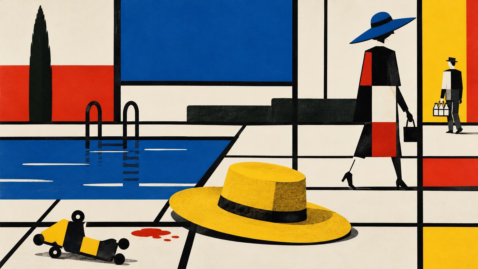 Illustrazione in stile Mondrian: un cappello di paglia giallo a terra accanto a una piscina, un pattino a rotelle rovesciato e una macchia rossa; una signora con un cappello blu si allontana, sullo sfondo un uomo porta delle bottiglie di latte