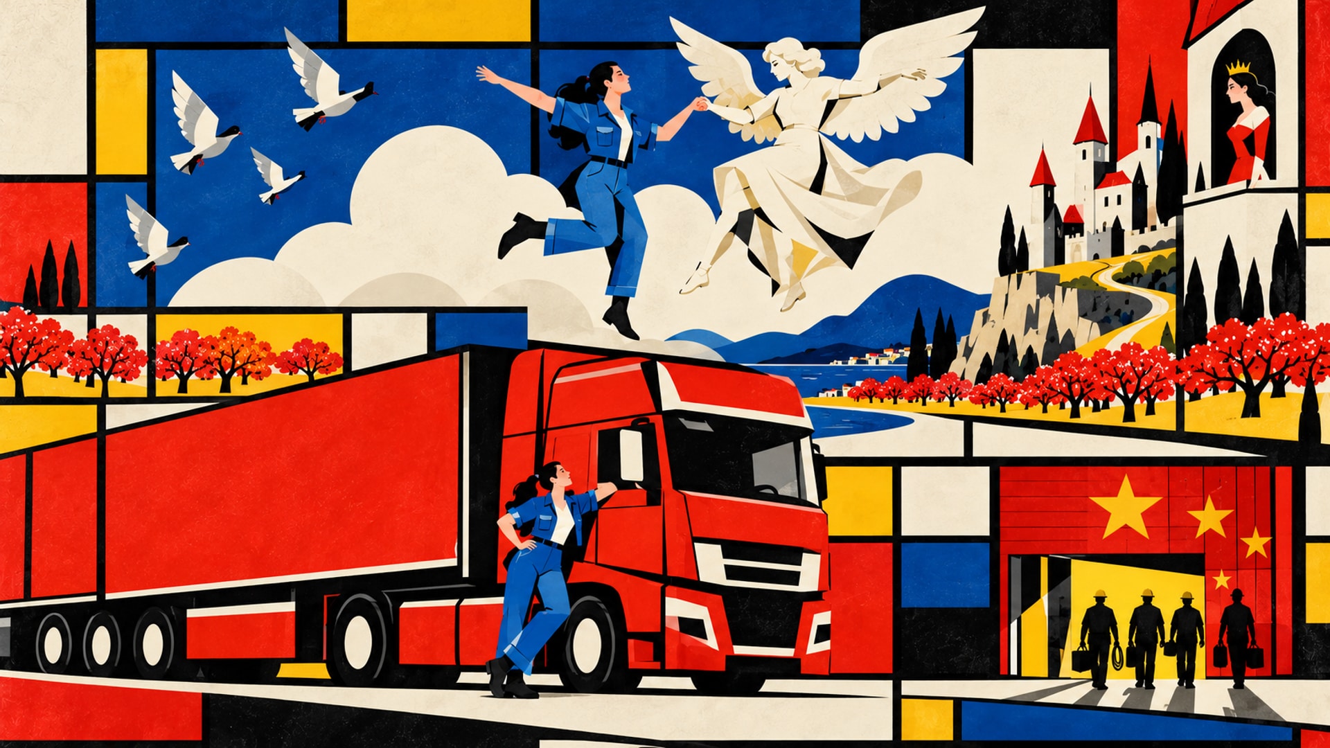 Illustrazione geometrica di Lilly vestita d'azzurro accanto al camion rosso Arturo; sopra di lei danza con un angelo sulle nuvole, vicino al castello della principessa, mentre quattro muratori si avvicinano a un garage rosso con stelle gialle