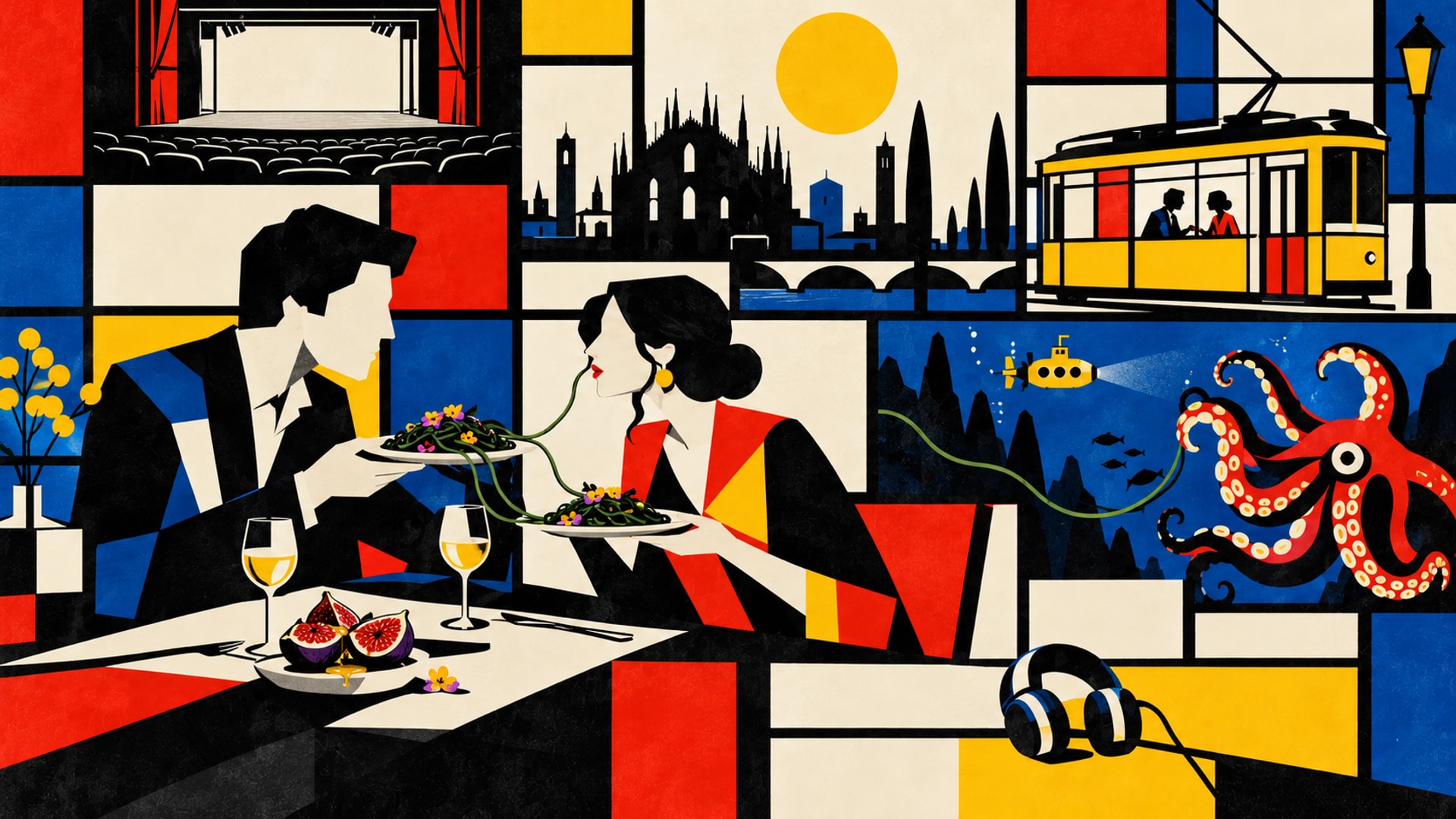 Illustrazione geometrica di una coppia che condivide spaghetti di alghe e fichi al miele; intorno un teatro vuoto, Milano con un tram giallo, un polpo e un sottomarino, con un paio di cuffie in primo piano
