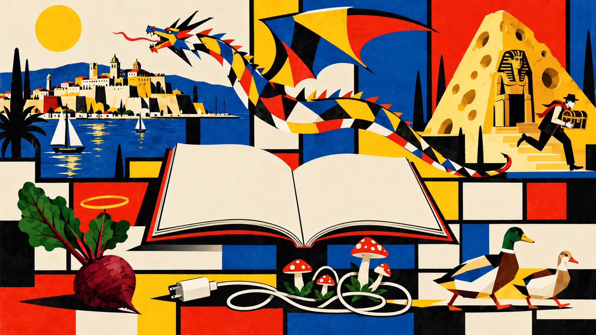 Illustrazione geometrica con un libro aperto e un drago multicolore sopra Cagliari; un ladro porta via uno scrigno da una tomba egizia a forma di formaggio, tra una barbabietola con aureola, due anatre e funghi intrecciati a un caricabatterie